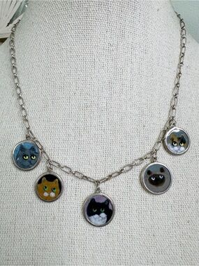 Victor Lee 5 Coin Cat Face Necklace Sterling Silver Limoges Grisaille Enamel